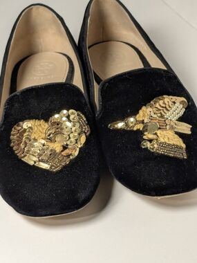 Tory Burch Black Velvet Embellished Loafers with Gold Sequin Detail